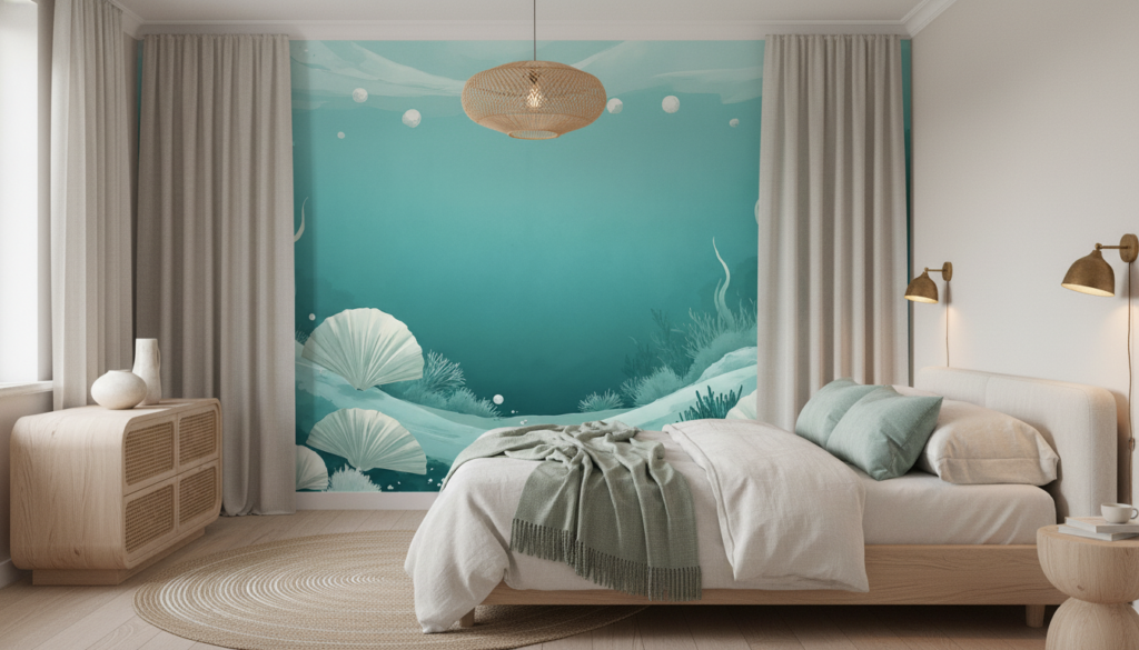Papier peint océan turquoise avec coquillages et algues marines - Chambre adulte