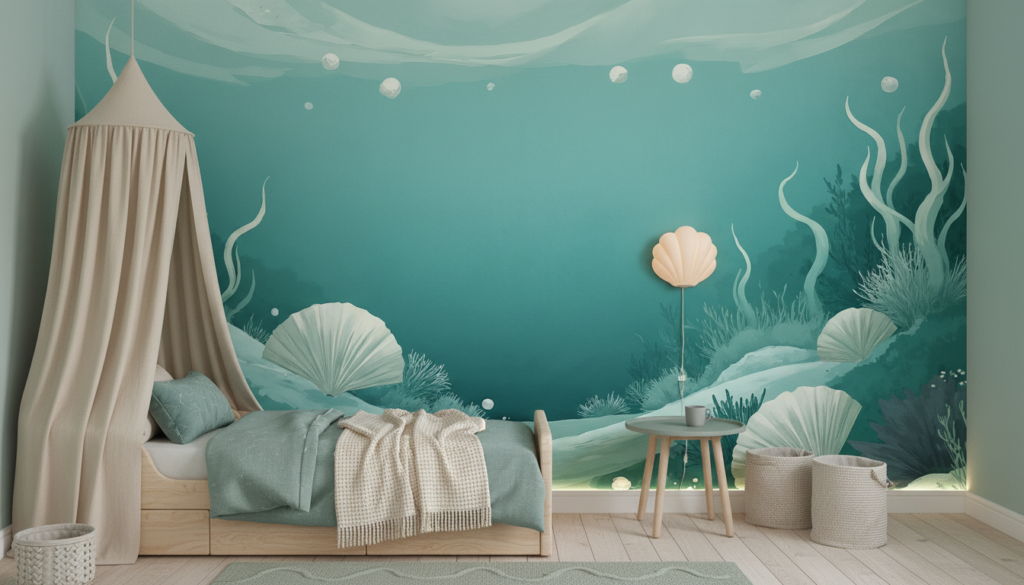 Papier peint océan turquoise avec coquillages et algues marines - Chambre enfant