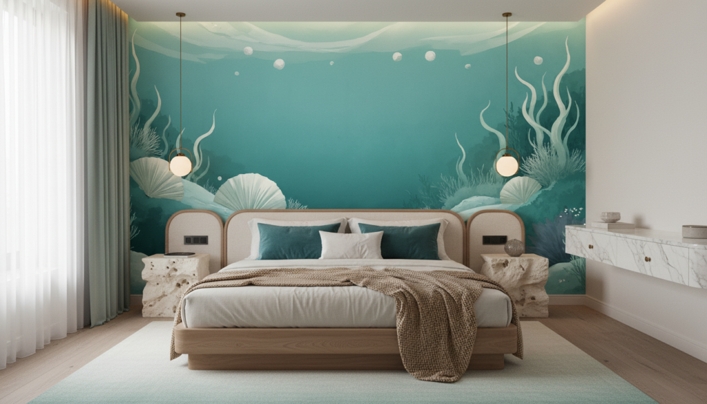 Papier peint océan turquoise avec coquillages et algues marines - Hôtel