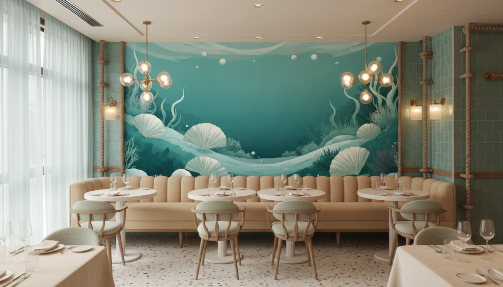 Papier peint océan turquoise avec coquillages et algues marines - Restaurant