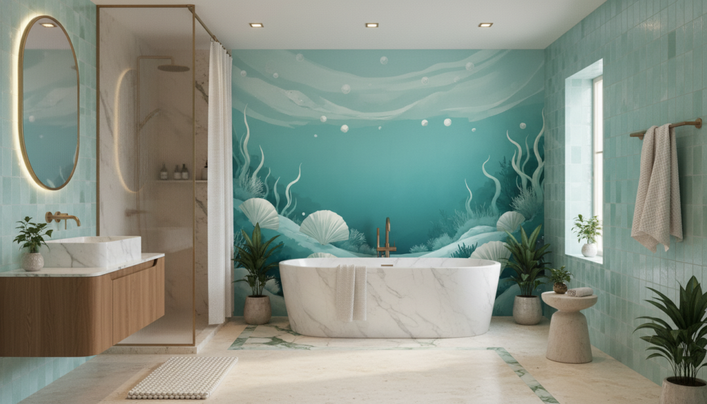 Papier peint océan turquoise avec coquillages et algues marines - Salle de bain