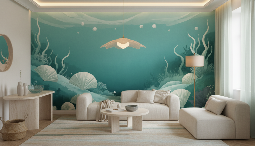 Papier peint océan turquoise avec coquillages et algues marines - Salon / Séjour