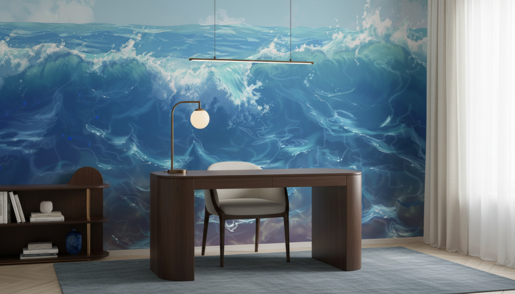 Papier peint océan vagues tumultueuses bleu turquoise effet aquarelle - Bureau