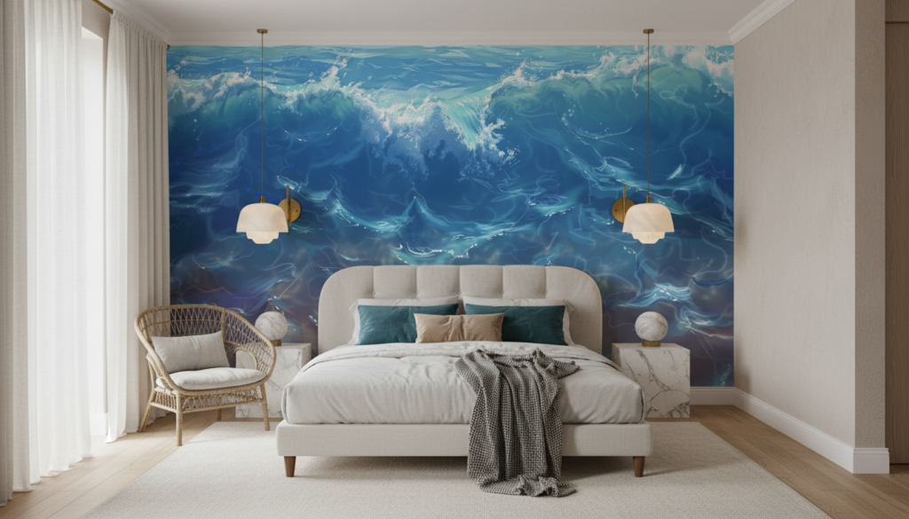 Papier peint océan vagues tumultueuses bleu turquoise effet aquarelle - Chambre adulte