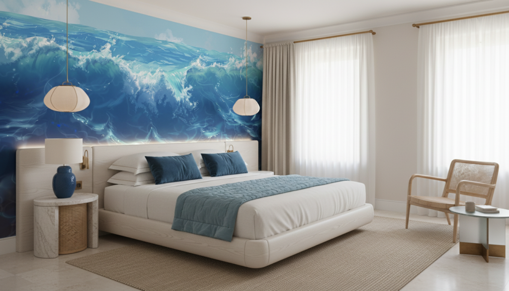 Papier peint océan vagues tumultueuses bleu turquoise effet aquarelle - Hôtel