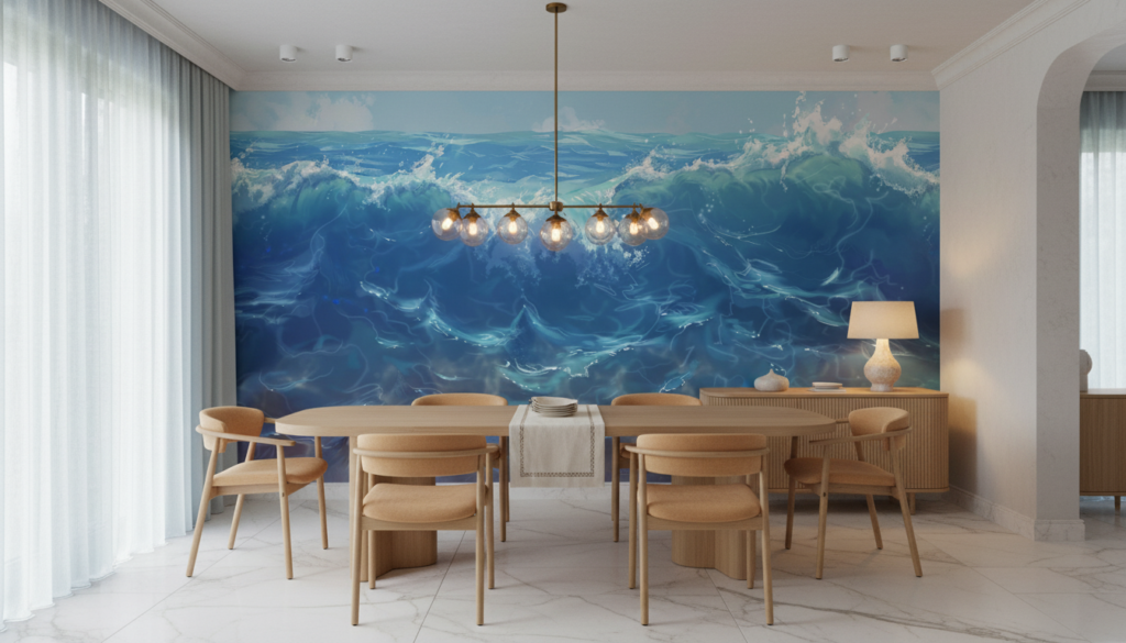 Papier peint océan vagues tumultueuses bleu turquoise effet aquarelle - Salle à manger