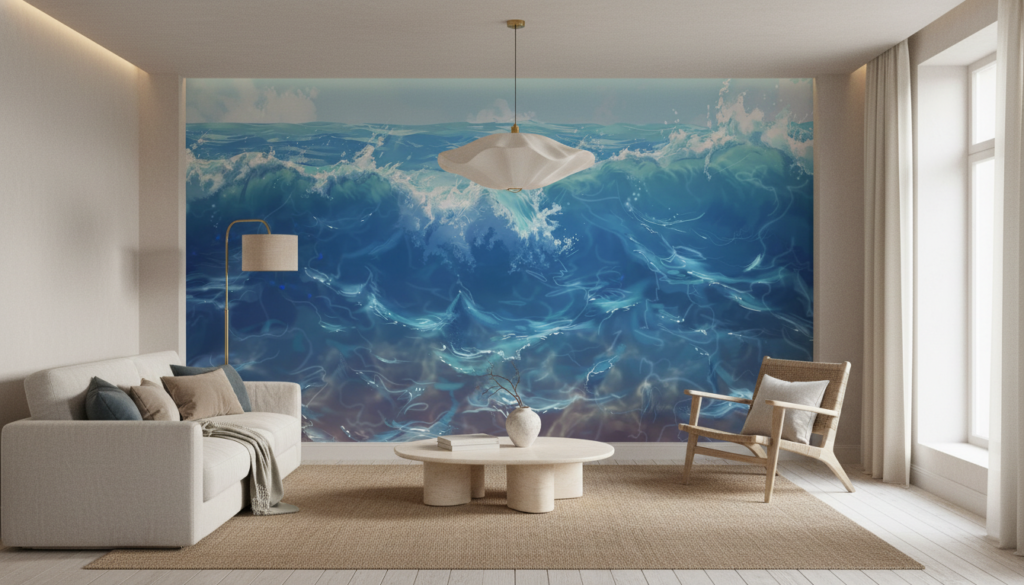 Papier peint océan vagues tumultueuses bleu turquoise effet aquarelle - Salon / Séjour