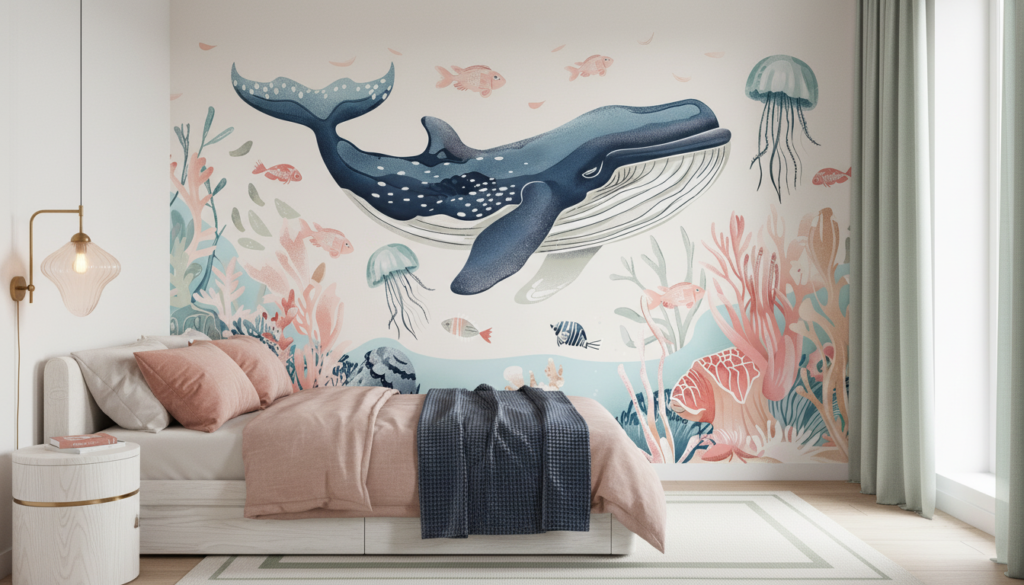 Papier Peint Océanique Baleine et Coraux Illustration Aquarelle - Chambre ado