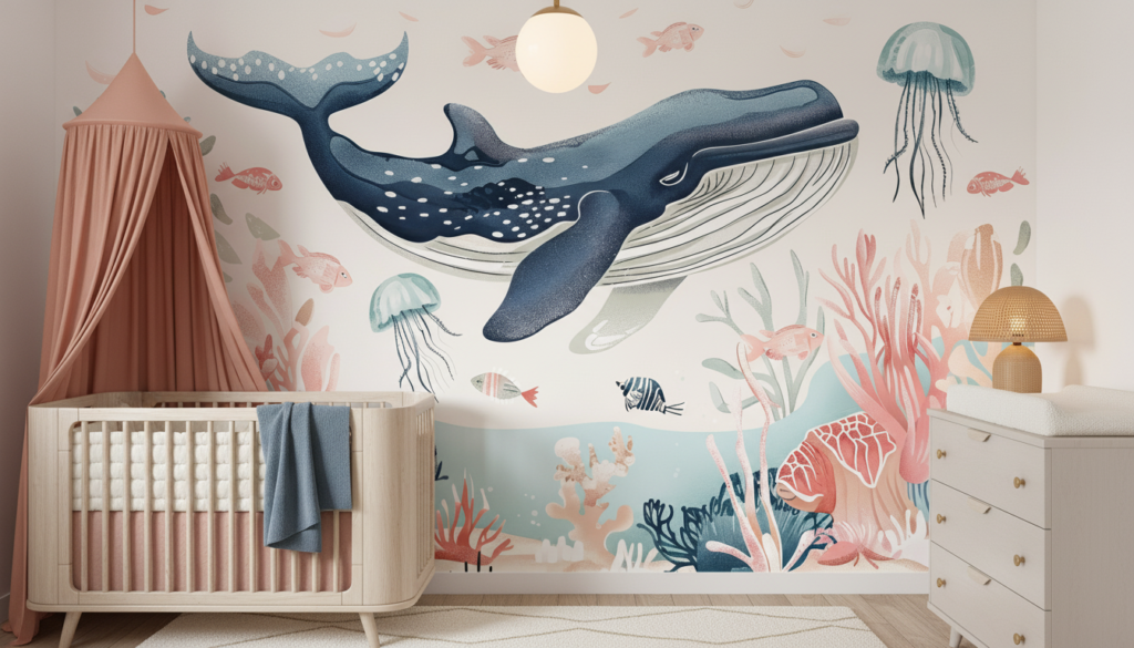 Papier Peint Océanique Baleine et Coraux Illustration Aquarelle - Chambre bébé