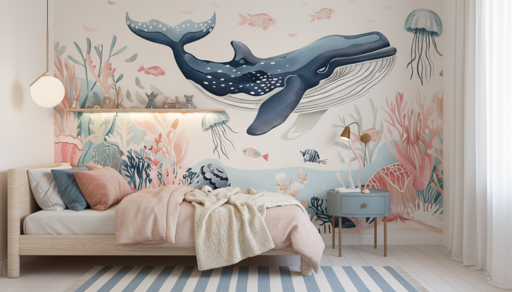 Papier Peint Océanique Baleine et Coraux Illustration Aquarelle - Chambre enfant