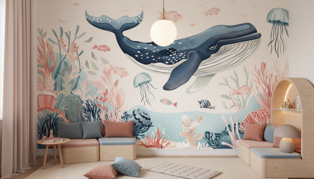 Papier Peint Océanique Baleine et Coraux Illustration Aquarelle - Espace enfant (pro)