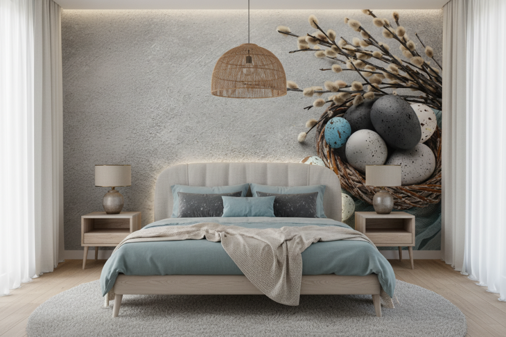 Papier peint œufs de Pâques avec branches de saule et nid tressé - Chambre adulte