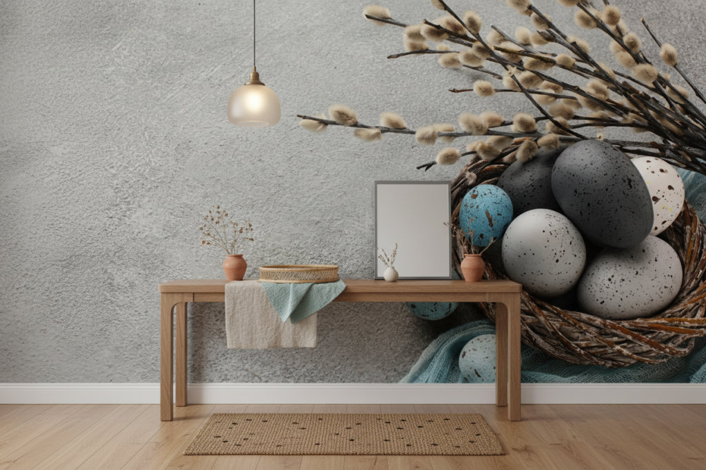 Papier peint œufs de Pâques avec branches de saule et nid tressé - Entrée