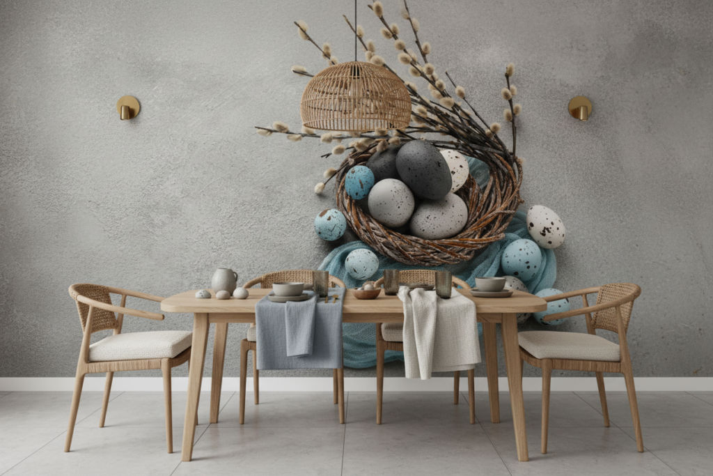 Papier peint œufs de Pâques avec branches de saule et nid tressé - Salle à manger