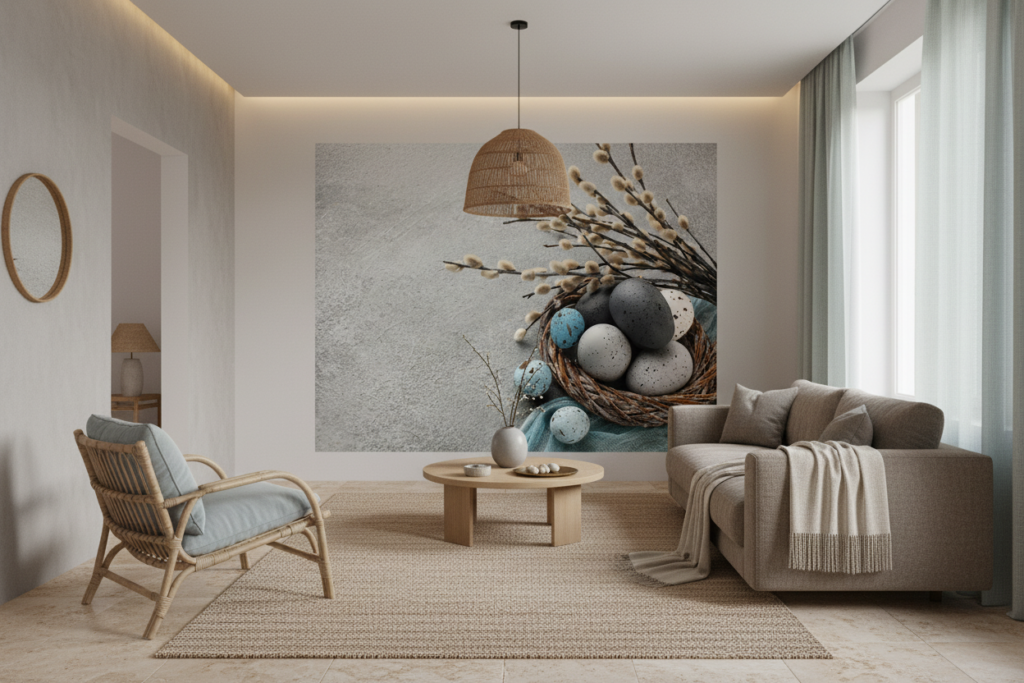 Papier peint œufs de Pâques avec branches de saule et nid tressé - Salon / Séjour