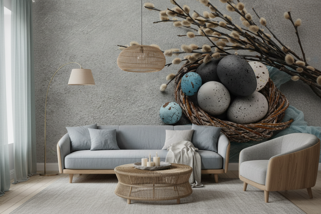 Papier peint œufs de Pâques avec branches de saule et nid tressé - Salon / Séjour