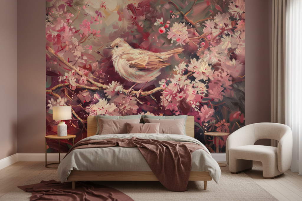 Papier Peint Oiseau Doré sur Branches Fleuries Rose Romantique - Chambre ado