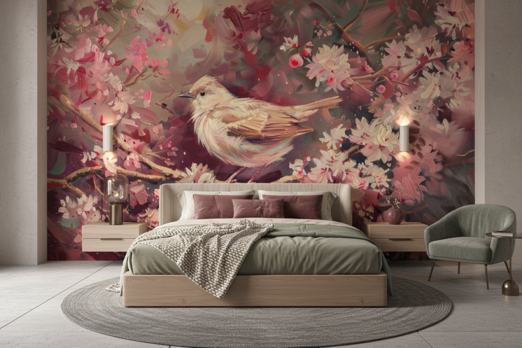 Papier Peint Oiseau Doré sur Branches Fleuries Rose Romantique - Chambre adulte