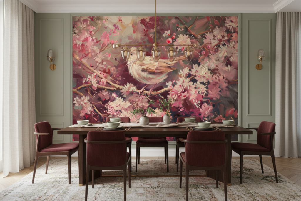 Papier Peint Oiseau Doré sur Branches Fleuries Rose Romantique - Salle à manger