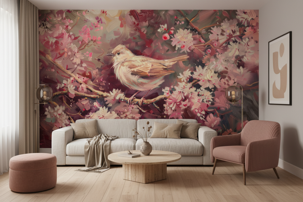 Papier Peint Oiseau Doré sur Branches Fleuries Rose Romantique - Salon / Séjour