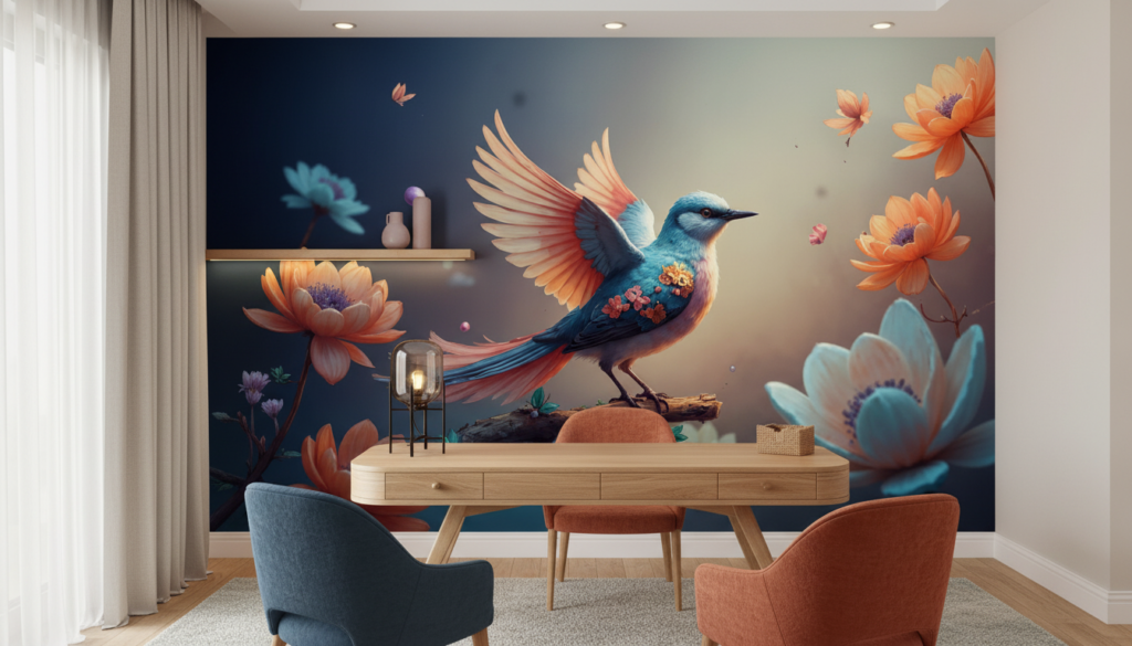 Papier peint oiseau tropical bleu et orange avec fleurs exotiques - Bureau