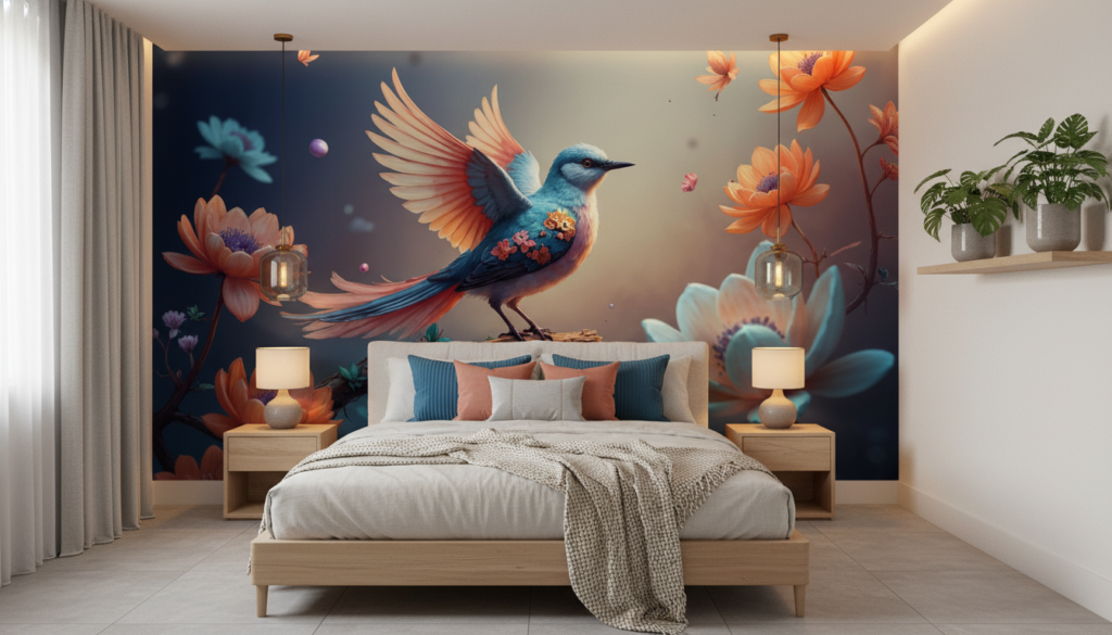 Papier peint oiseau tropical bleu et orange avec fleurs exotiques - Chambre adulte