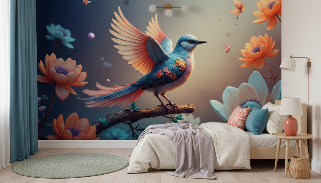 Papier peint oiseau tropical bleu et orange avec fleurs exotiques - Chambre enfant