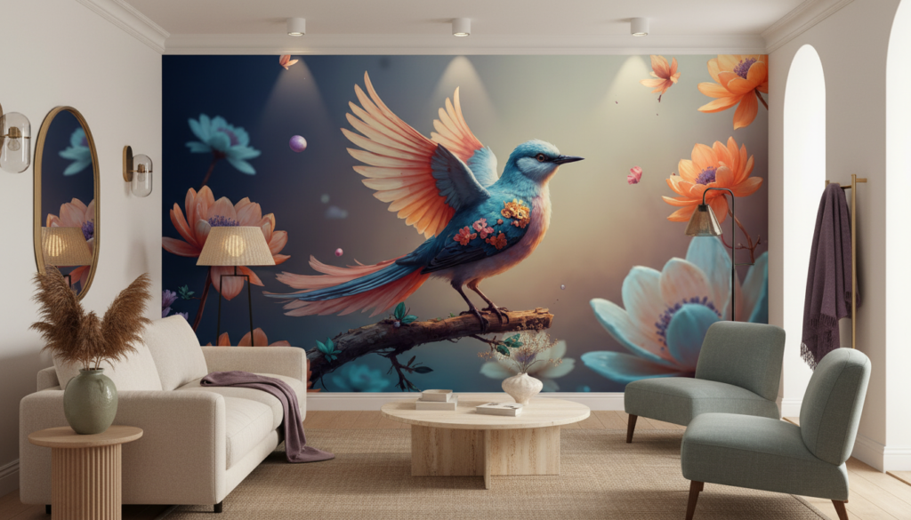 Papier peint oiseau tropical bleu et orange avec fleurs exotiques - Salon / Séjour