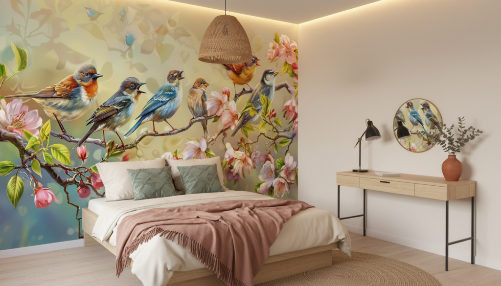 Papier Peint Oiseaux Colorés et Fleurs de Cerisier sur Branche - Chambre ado