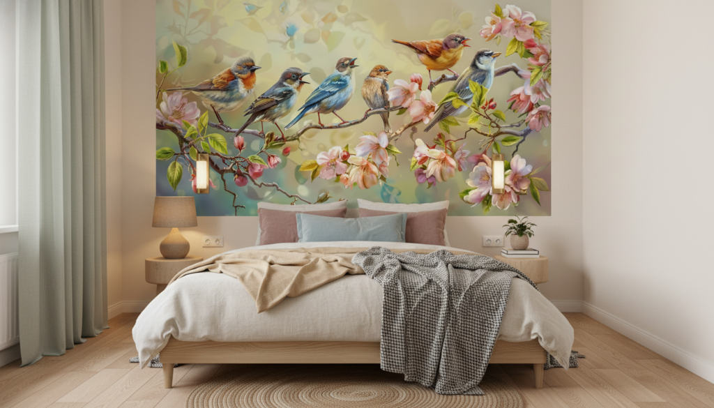 Papier Peint Oiseaux Colorés et Fleurs de Cerisier sur Branche - Chambre adulte