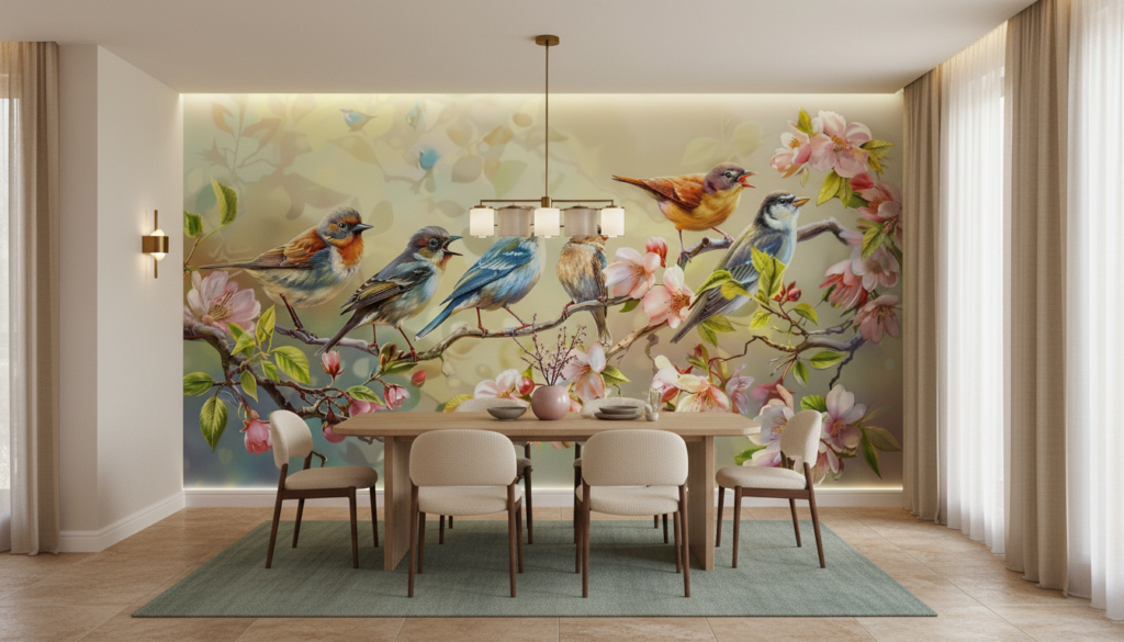 Papier Peint Oiseaux Colorés et Fleurs de Cerisier sur Branche - Salle à manger