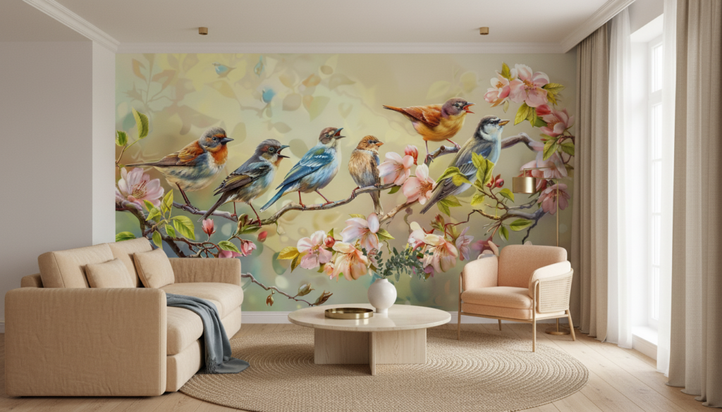 Papier Peint Oiseaux Colorés et Fleurs de Cerisier sur Branche - Salon / Séjour