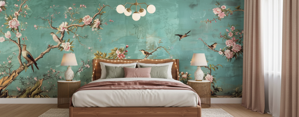 Papier Peint Oiseaux Exotiques et Fleurs sur Fond Turquoise Vintage - Chambre adulte