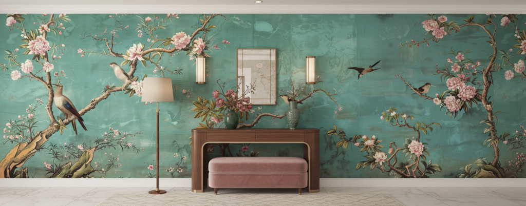 Papier Peint Oiseaux Exotiques et Fleurs sur Fond Turquoise Vintage - Entrée