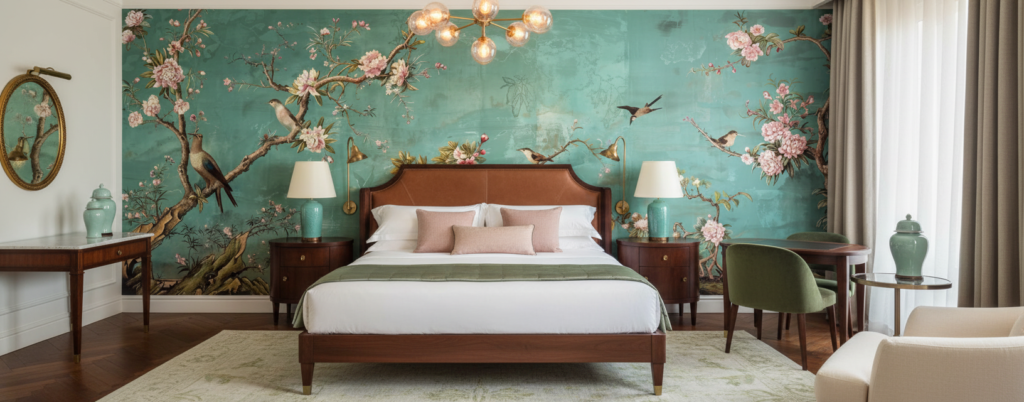Papier Peint Oiseaux Exotiques et Fleurs sur Fond Turquoise Vintage - Hôtel
