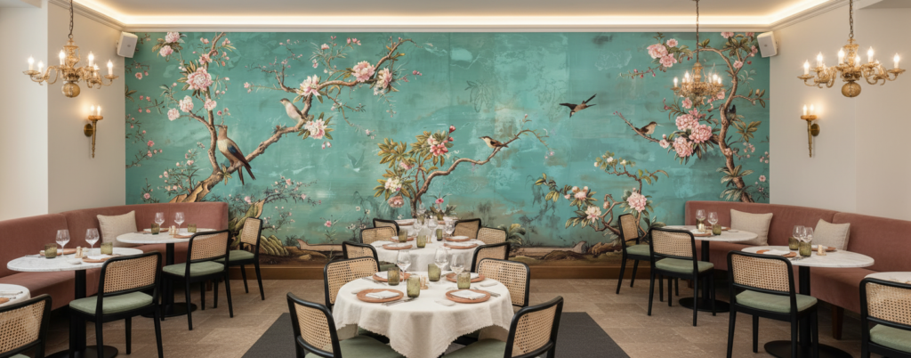 Papier Peint Oiseaux Exotiques et Fleurs sur Fond Turquoise Vintage - Restaurant