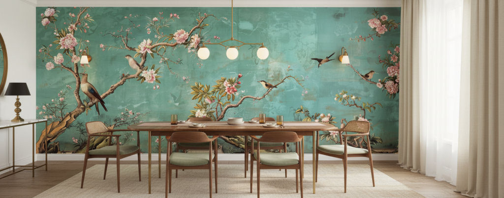 Papier Peint Oiseaux Exotiques et Fleurs sur Fond Turquoise Vintage - Salle à manger