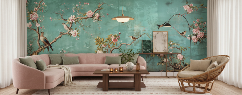 Papier Peint Oiseaux Exotiques et Fleurs sur Fond Turquoise Vintage - Salon / Séjour