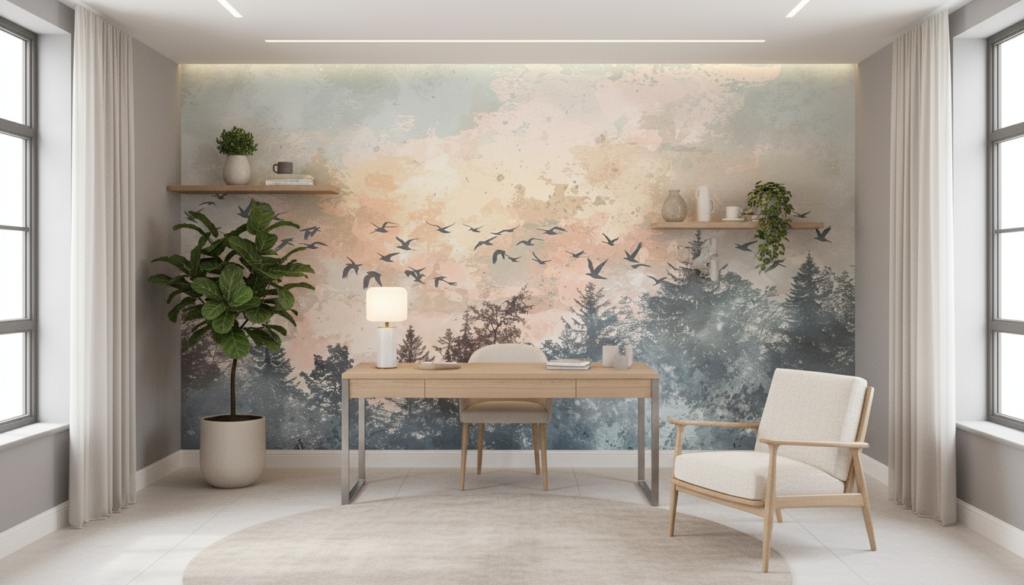 Papier peint oiseaux migrateurs forêt brumeuse coucher soleil - Bureau