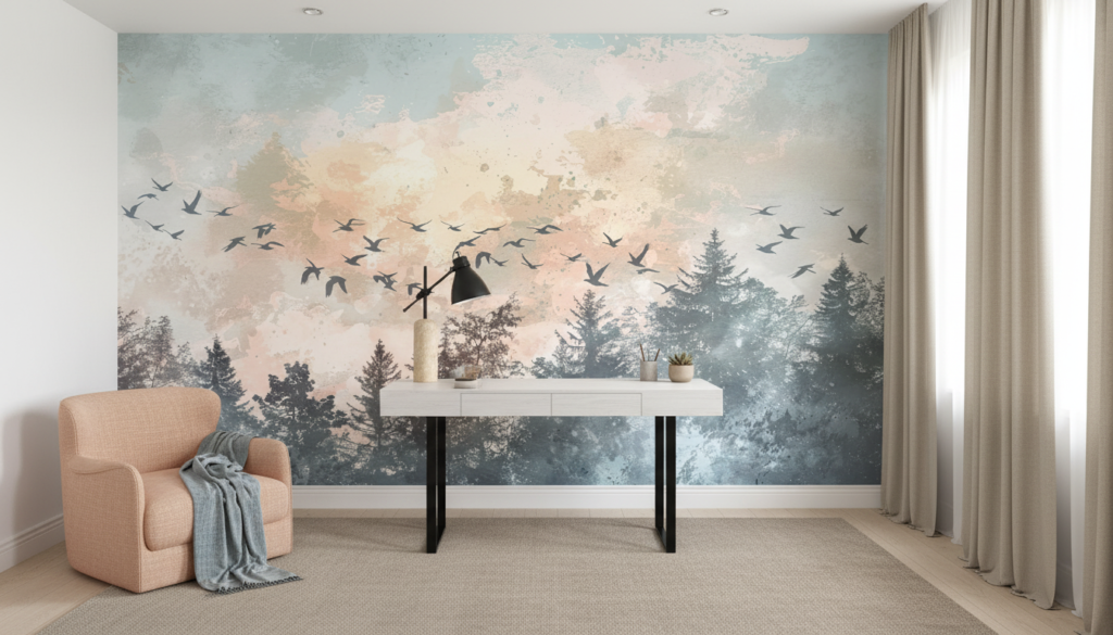 Papier peint oiseaux migrateurs forêt brumeuse coucher soleil - Bureau