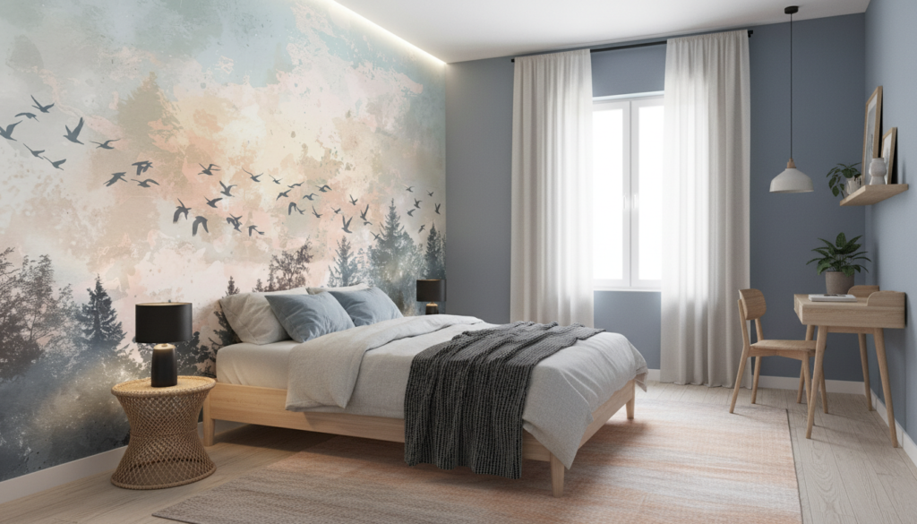 Papier peint oiseaux migrateurs forêt brumeuse coucher soleil - Chambre ado