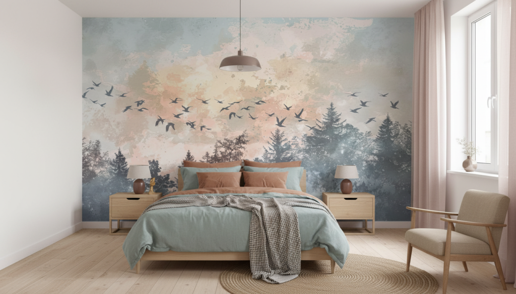 Papier peint oiseaux migrateurs forêt brumeuse coucher soleil - Chambre ado