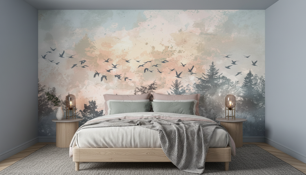 Papier peint oiseaux migrateurs forêt brumeuse coucher soleil - Chambre adulte