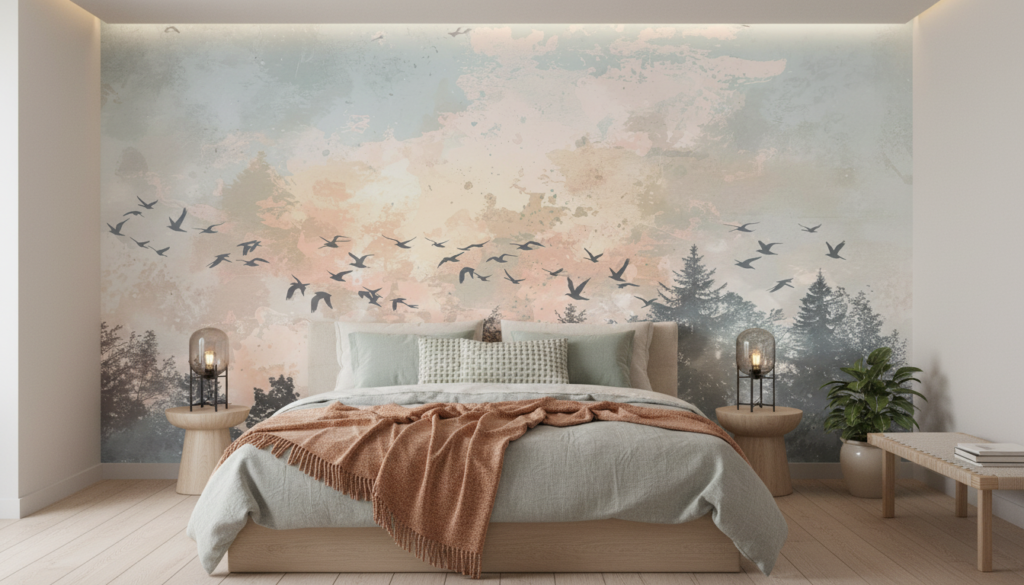 Papier peint oiseaux migrateurs forêt brumeuse coucher soleil - Chambre adulte