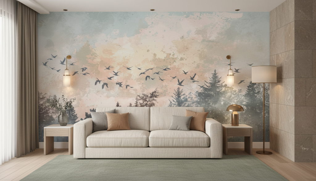 Papier peint oiseaux migrateurs forêt brumeuse coucher soleil - Hôtel