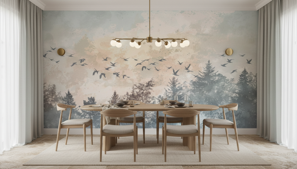 Papier peint oiseaux migrateurs forêt brumeuse coucher soleil - Salle à manger