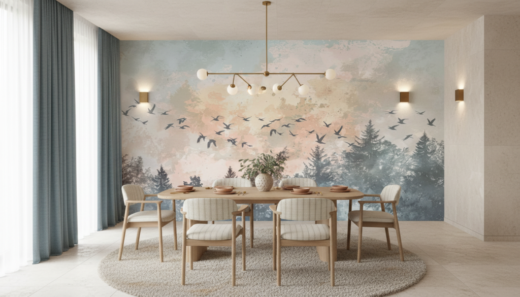 Papier peint oiseaux migrateurs forêt brumeuse coucher soleil - Salle à manger