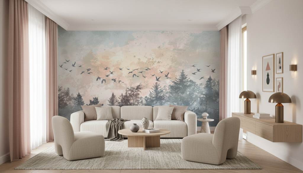 Papier peint oiseaux migrateurs forêt brumeuse coucher soleil - Salon / Séjour