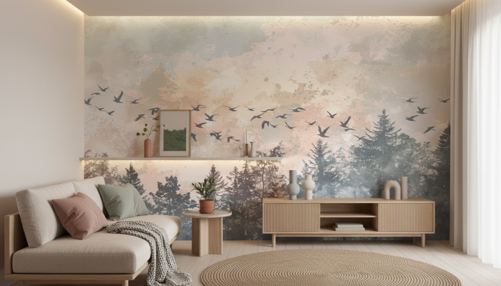 Papier peint oiseaux migrateurs forêt brumeuse coucher soleil - Salon / Séjour