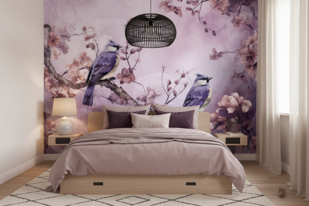 Papier Peint Oiseaux Violets sur Branches Fleuries Romantique - Chambre ado